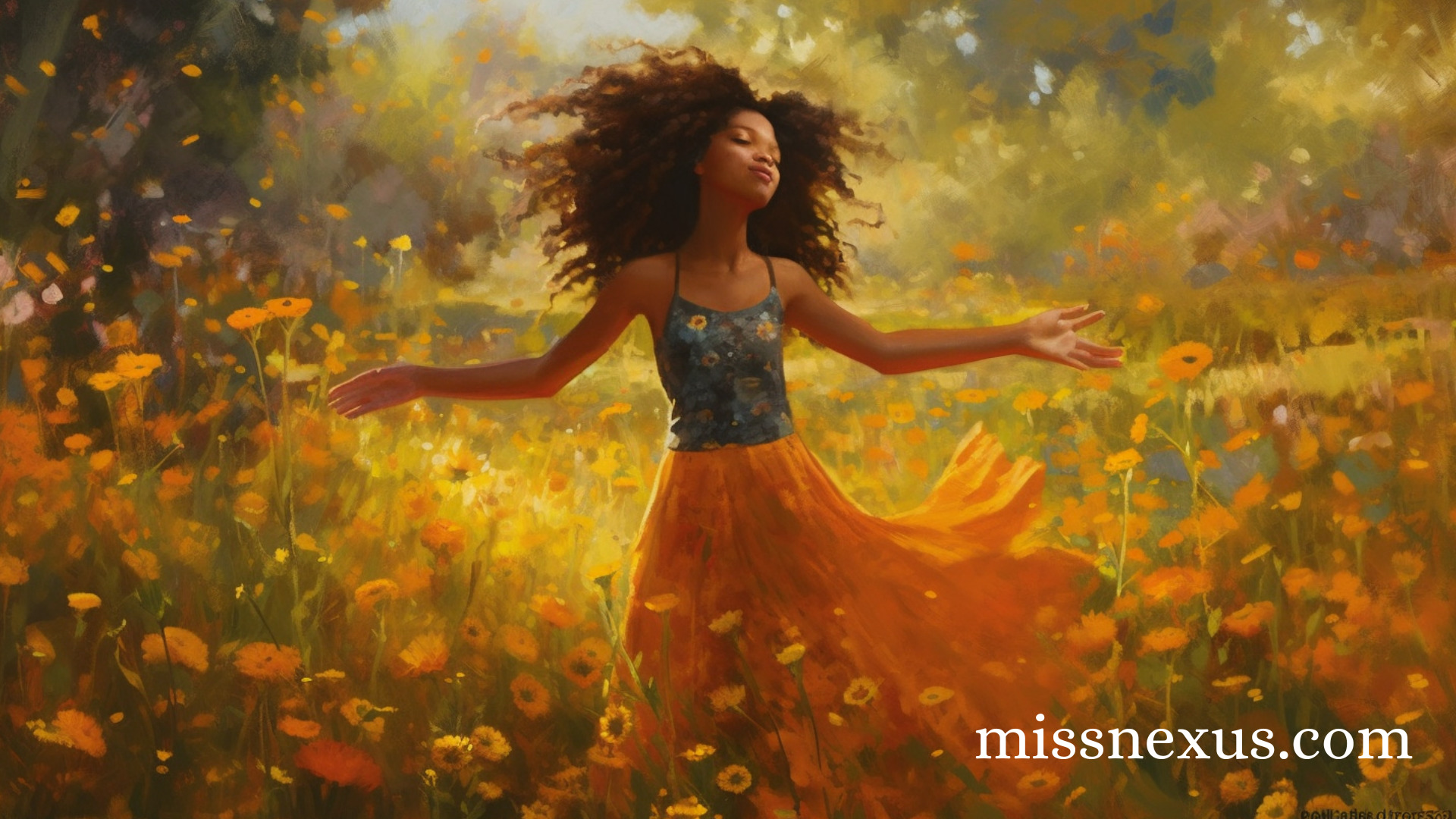 In the midst of a sun-kissed meadow, a young Black girl with curly, vibrant hair dances joyfully under the radiant embrace of the golden rays. Her eyes sparkle with an enchanting light, mirroring the infinite possibilities that dance within her soul. She is adorned in a whimsical dress, the colors of the rainbow weaving together in a tapestry of magic and self-expression. With arms outstretched and a wide smile painted across her face, she twirls effortlessly, her feet barely touching the ground. Every movement she makes echoes with a sense of liberation and authenticity. As she spins, a trail of glittery stardust follows her, illuminating the path she traverses, revealing her innate power and the vibrant energy she radiates. In her dance, she embodies the strength and resilience that arise from honoring her boundaries and embracing her true self. It's a moment frozen in time, capturing the essence of her inner child's playful spirit and the boundless wonder that flows through her.