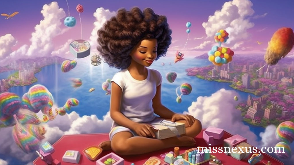 In this vibrant and enchanting scene, a realistic image of a young Black girl is joyfully engaged in play. She sits amidst a backdrop of ethereal clouds, her eyes sparkling with wonder and imagination. With her small hands, she delicately builds and rearranges a colorful assortment of floating magical toys. Each toy piece radiates a brilliant array of hues, casting a captivating glow around her. The girl's face is lit up with a bright smile, capturing the sheer delight and boundless creativity that infuse the air. It's a snapshot of pure childhood magic, where dreams take shape and possibilities are endless.