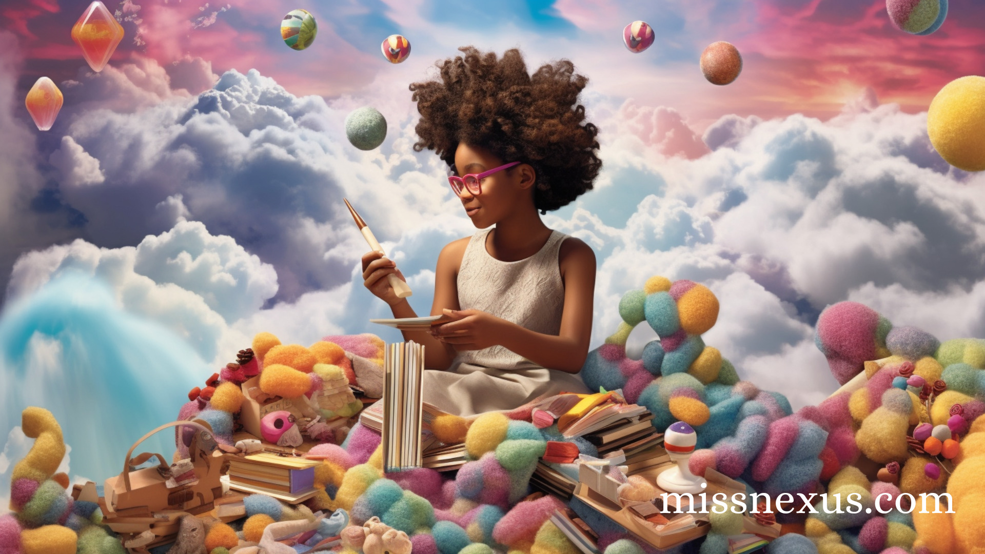 In this vibrant and enchanting scene, a realistic image of a young Black girl is joyfully engaged in play. She sits amidst a backdrop of ethereal clouds, her eyes sparkling with wonder and imagination. With her small hands, she delicately builds and rearranges a colorful assortment of floating magical toys. Each toy piece radiates a brilliant array of hues, casting a captivating glow around her. The girl's face is lit up with a bright smile, capturing the sheer delight and boundless creativity that infuse the air. It's a snapshot of pure childhood magic, where dreams take shape and possibilities are endless.