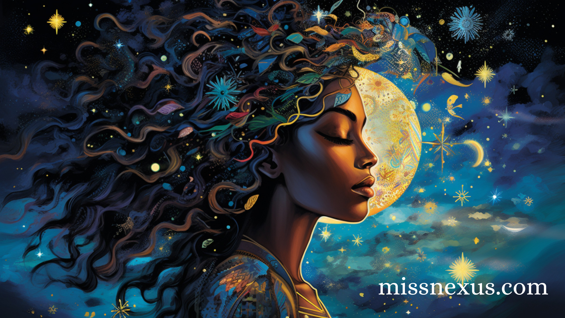 Amidst the shimmering moonlit night, under the celestial dance of the Full Moon in Aquarius, stands a young Black girl, a luminous beacon of authenticity and power. Her eyes, aglow with the wisdom of the ages, reflect the Universe's embrace, as her spirit radiates a kaleidoscope of vibrant hues that blend the colors of hope and possibility.