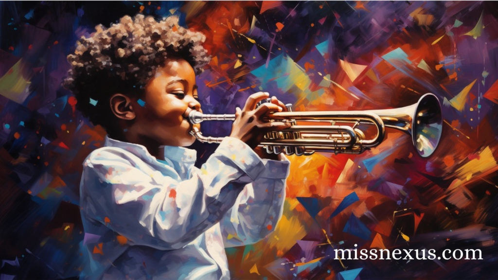 Amidst the canvas of life, a young Black boy stands like a vibrant brushstroke of joy, his spirit a melody woven into the very fabric of existence. With eyes that sparkle like galaxies, he holds a trumpet to his lips, a conduit for the symphony of his heart. As his fingers dance along the instrument's curves, a kaleidoscope of colors erupts, swirling and twirling like auroras set free. The music that flows from the trumpet is more than sound; it's the embodiment of his passion, painting the air with resplendent hues. The notes leap forth, carrying his dreams on their wings, harmonizing with the universe's heartbeat. In his every breath, in each resounding trill, he becomes a maestro of magic, a magician of music, casting spells of joy that dance upon the wind, celebrating the beauty of his essence and the boundless horizons of his soul.