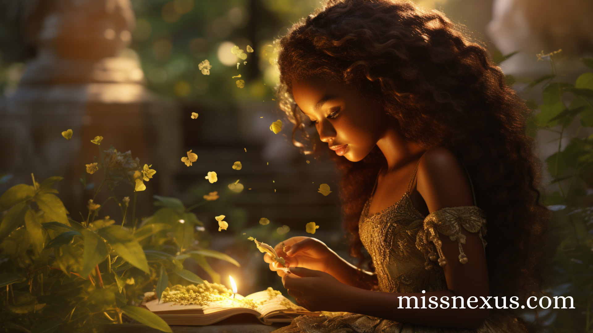 In the dappled sunlight of an enchanting garden, a young Black girl sits upon a moss-covered stone anticipating what lies ahead in her quest. The golden hues of late afternoon cascade over her, casting a warm, ethereal glow that dances upon her cocoa-kissed skin.