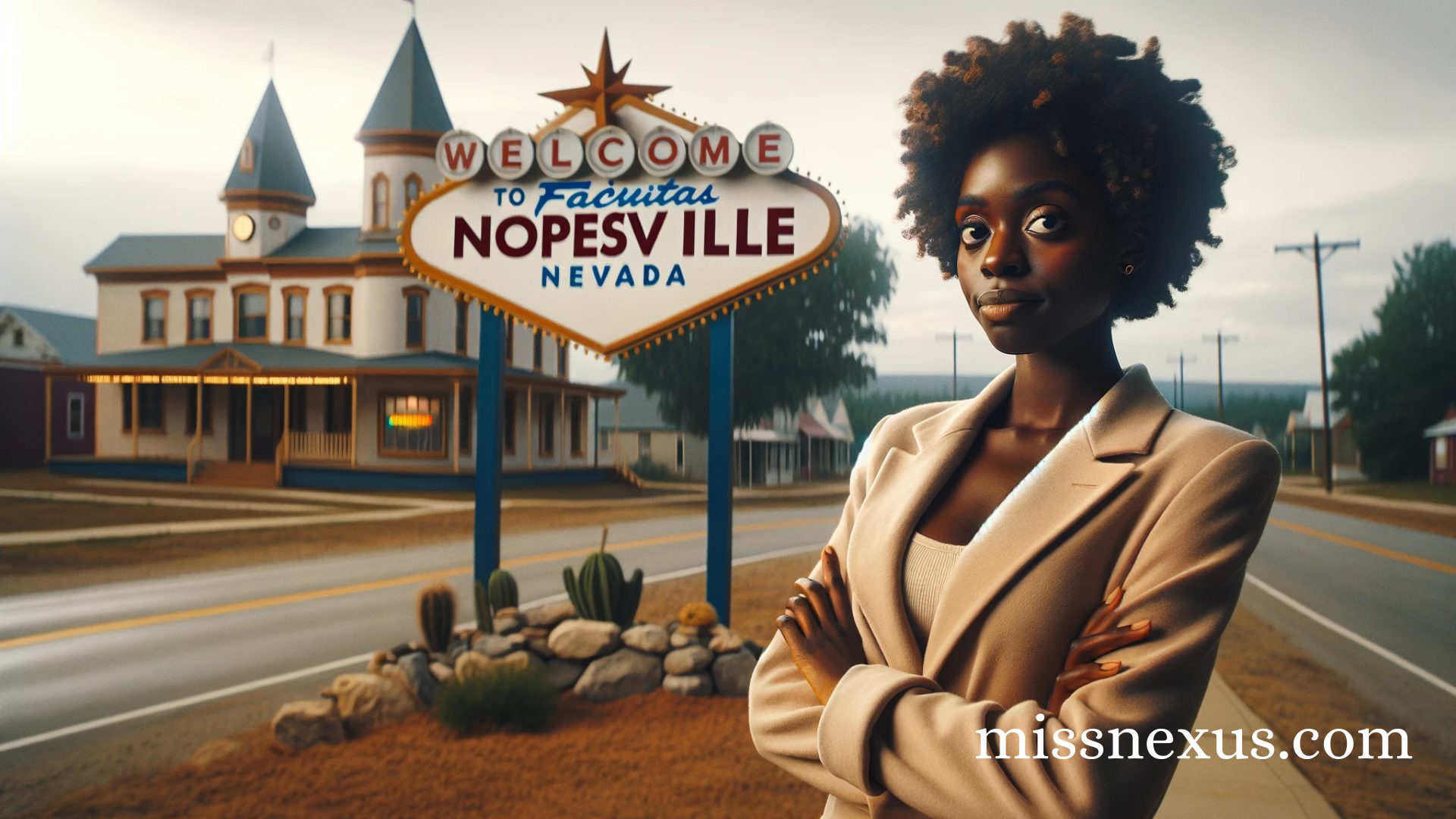 A young Black woman standing confidently in front of the capital of Nopesville. She exudes a sense of skeptical, dry humor, and directness. The setting is whimsical, with a large Welcome to Nopesville sign, styled humorously, at the town's entrance. The image captures a light-hearted yet candid atmosphere, blending realism with a touch of playful imagination. The scene is set in the late afternoon with soft lighting.